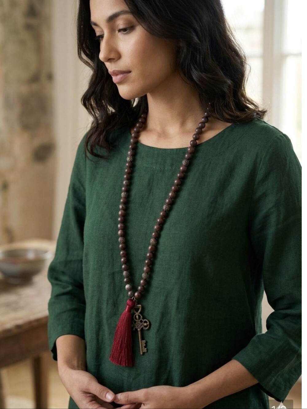 Beaded Tassel Necklace with Key Pendant - Burgundy and Brown